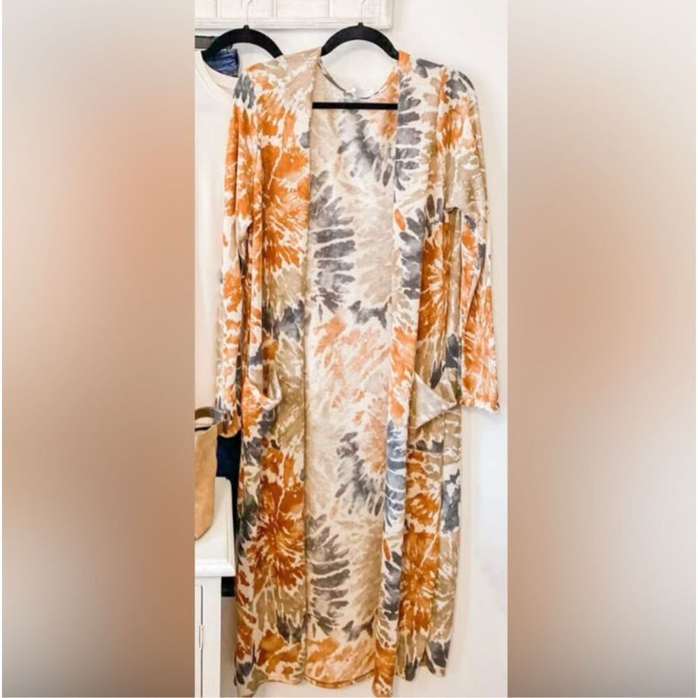 FIRST LOVE LOVELYN | Long Line Cardigan Duster Tie Dye Blue Rust Taupe‎ | Medium